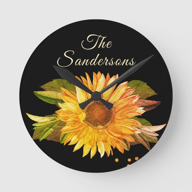 Horloge Ronde  Chic Rustique Tournesol Jaune Doré  (Recto)