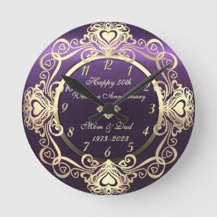 Horloge Ronde Chic Swirls Coeurs Diamond Violet 50e Mariage