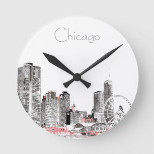 Horloge Ronde Chicago Skyline modernise la grey pink design