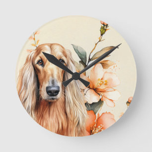 Horloge Ronde Chien Afghan Hound et Lys Péches