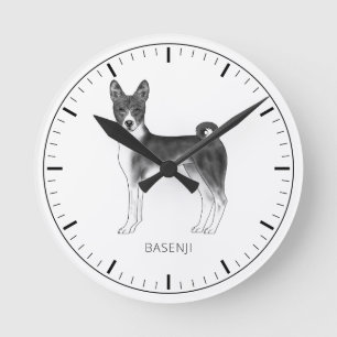 Horloge Ronde Chien Basenji Mignon En Noir Et Blanc & Texte Pers