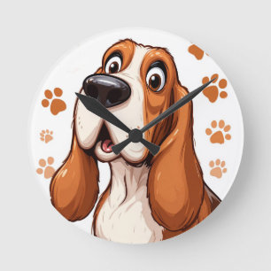 Horloge Ronde Chien Basset Joyeux avec Empreintes de Patte Orang