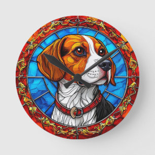 Horloge Ronde Chien Beagle dans un Art de Verre Coloré Vibrant