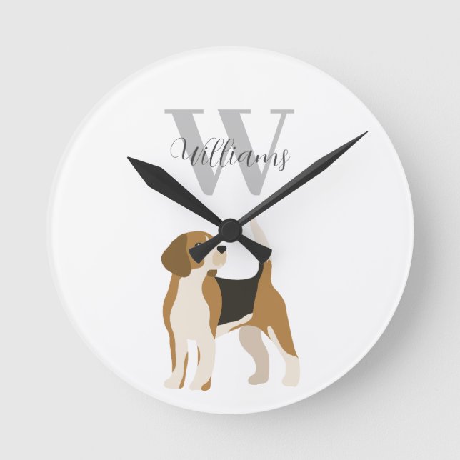 Horloge Ronde Chien Beagle Monogramme Nom Aquarelle  (Recto)