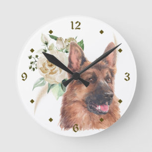 Horloge Ronde Chien berger allemand Bouquet de rose blanche Bouq