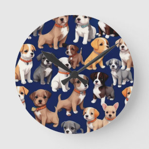 Horloge Ronde Chien Chien Chien bleu de la marine Design Motif
