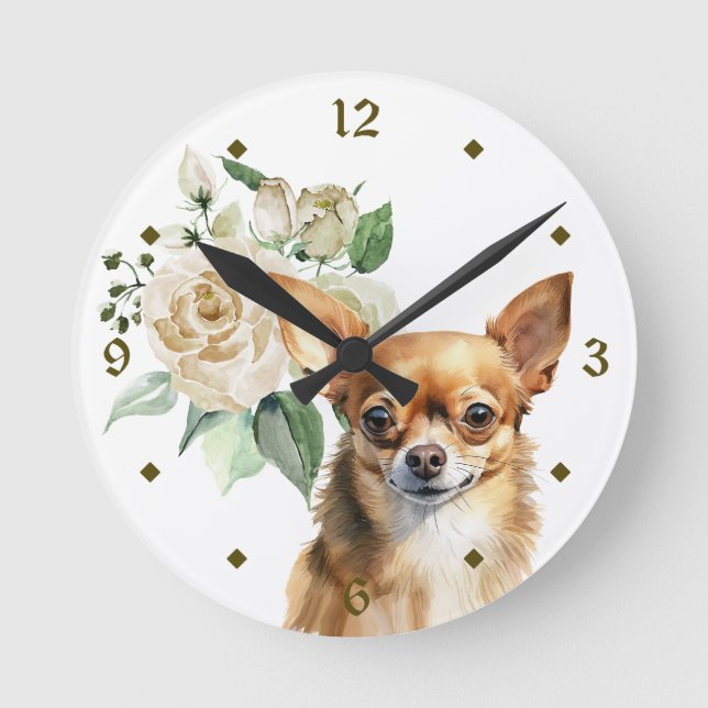 Horloge Ronde Chien Chihuahua, Bouquet de Rose blanche (Recto)