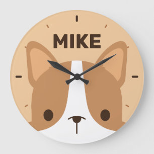 Horloge Ronde Chien Corgi mignon avec nom personnalisé Grande ho