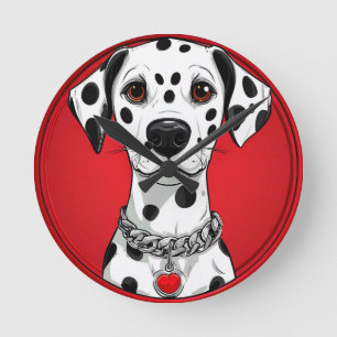 Horloge Ronde Chien dalmate avec collier à coeur rouge