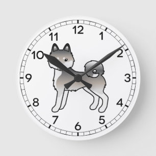 Horloge Ronde Chien de bande dessinée Alaskan Klee Kai gris et b