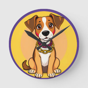 Horloge Ronde Chien de dessin animé adorable portant une chaîne