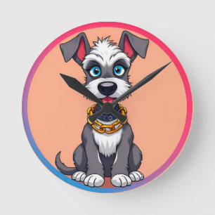Horloge Ronde Chien de dessin animé adorable souriant avec entra