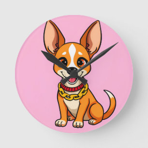 Horloge Ronde Chien de dessin animé adorable souriant avec entra