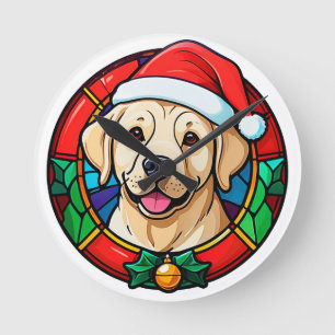 Horloge Ronde Chien de dessin animé au chapeau de Père Noël fest