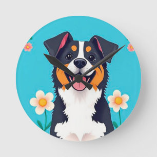 Horloge Ronde Chien de dessin animé entouré de fleurs