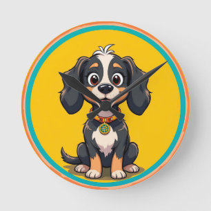 Horloge Ronde Chien de dessin animé heureux dans un cadre circul