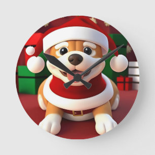 Horloge Ronde Chien de dessin animé mignon en tenue de Père Noël