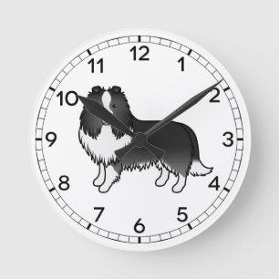 Horloge Ronde Chien de dessin animé Shetland Sheepdog Bi-Noir Sh