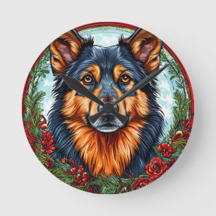 Horloge Ronde Chien de fête dans une couronne florale de Noël