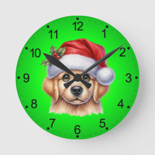 Horloge Ronde Chien d'or retriever avec le style du Père Noël