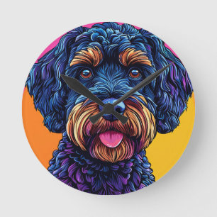 Horloge Ronde Chien heureux sur fond coloré