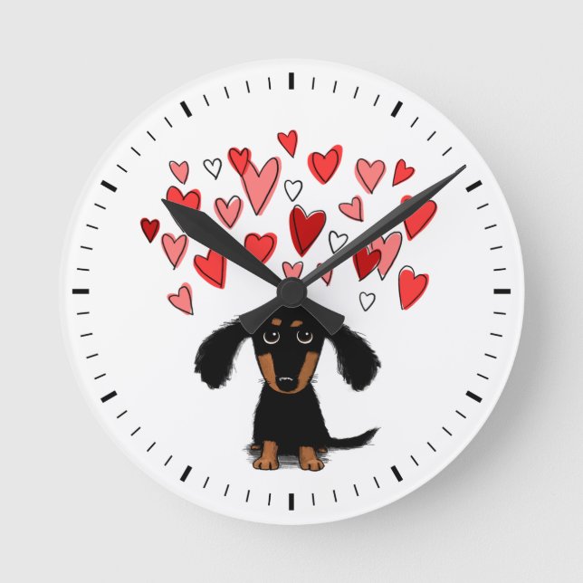 Horloge Ronde Chien mignon avec Coeur Noir et Tan Dachshund (Recto)