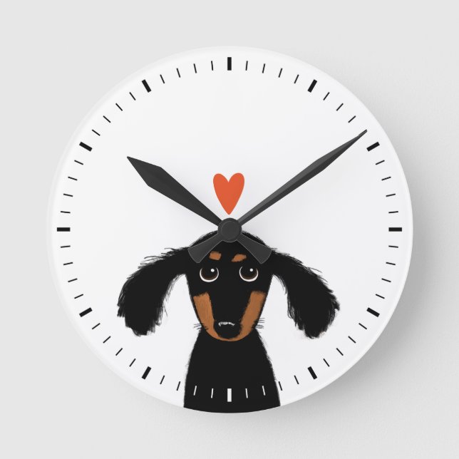 Horloge Ronde Chien mignon avec Coeur Noir et Tan Dachshund (Recto)