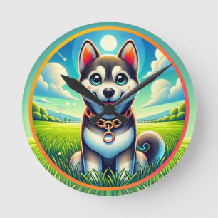 Horloge Ronde Chien mignon avec une expression joyeuse