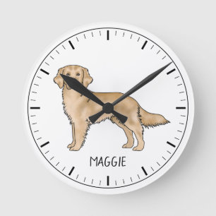 Horloge Ronde Chien mignon Retriever doré jaune avec nom personn