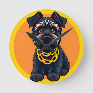 Horloge Ronde Chien noir de dessin animé adorable portant une ch