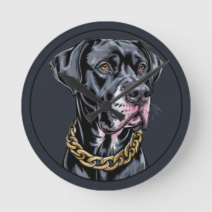 Horloge Ronde Chien Noir Luxueux Avec Chaîne en Or