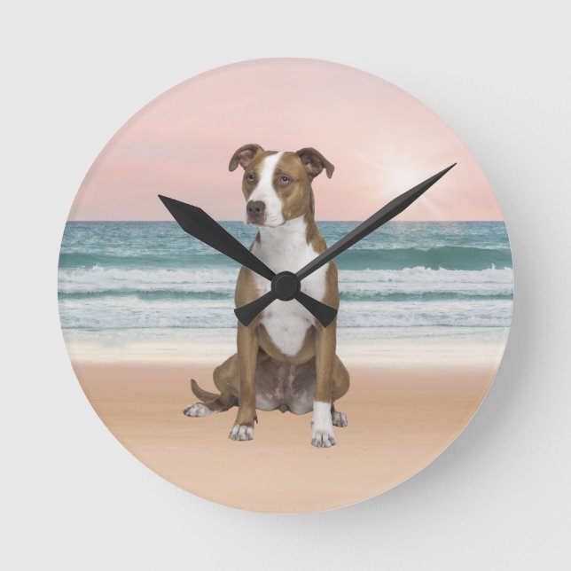 Horloge Ronde Chien Pitbull mignon assis sur la plage avec couch (Recto)
