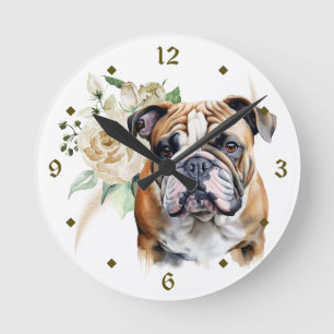 Horloge Ronde Chien-taureau du Bouquet de Rose blanche