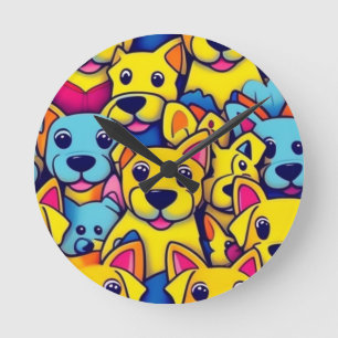 Horloge Ronde Chiens jolies et colorés Chiens heureux