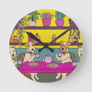 Horloge Ronde Chiens prenant le thé de l'après-midi