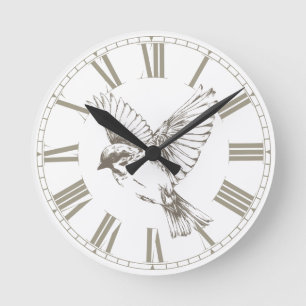Horloge Ronde Chiffres romains vintages d'oiseaux Sepia