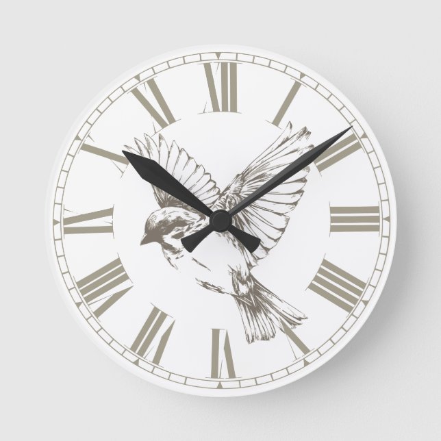 Horloge Ronde Chiffres romains vintages d'oiseaux Sepia  (Recto)