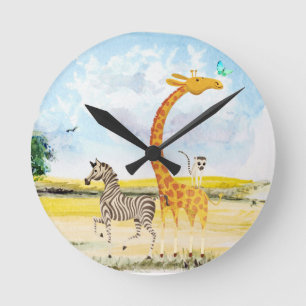 Horloge Ronde Children's Room Beautiful Zebra Giraffe Lemur