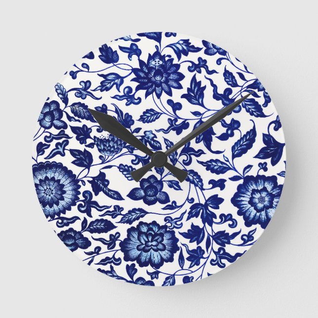 Horloge Ronde Chinois bleu marine foncé motif floral sur blanc (Recto)