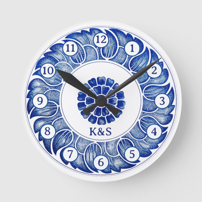 Horloge Ronde Chinoiserie bleu porcerlain inspiré ses initiales (Recto)
