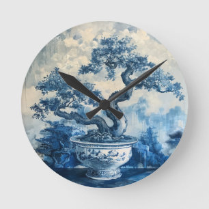 Horloge Ronde Chinoiserie Design en porcelaine bleue et blanche