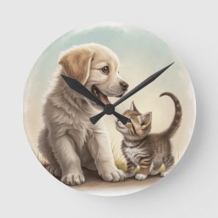 Horloge Ronde Chiot et chaton