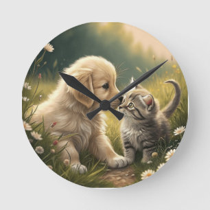 Horloge Ronde Chiot Et Kitten