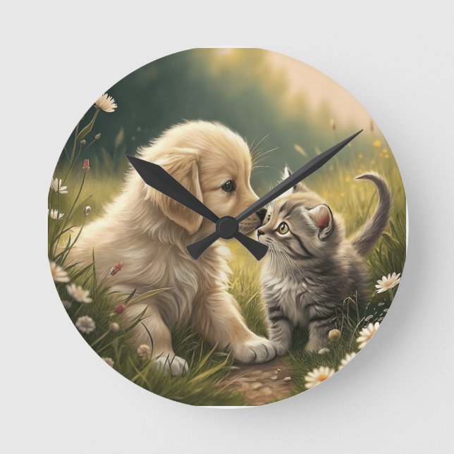 Horloge Ronde Chiot Et Kitten (Recto)