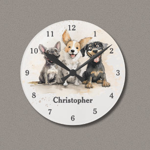 Horloge Ronde Chiots Joueurs Aquarelle Personnalisé