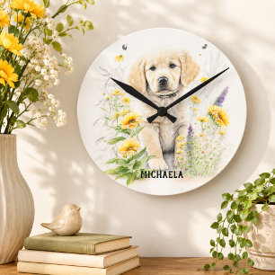 Horloge Ronde Chiots Retriever Doré Fleur Personnalisé Nom