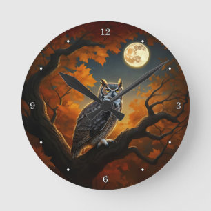 Horloge Ronde Chouette à cornes en automne