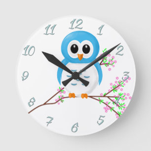 Horloge Ronde Chouette à dessin bleu sur une branche