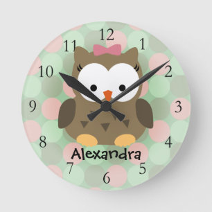 Horloge Ronde Chouette Brown mignonne avec bow rose