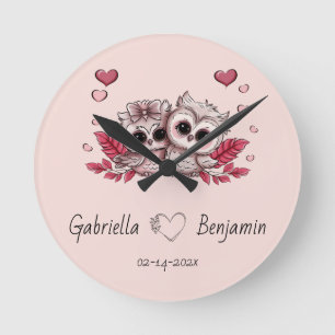 Horloge Ronde Chouette cartonnée amoureux Coeur Saint-Valentin
